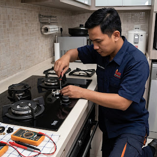 Technician repairing a gas stove burner and ignition system